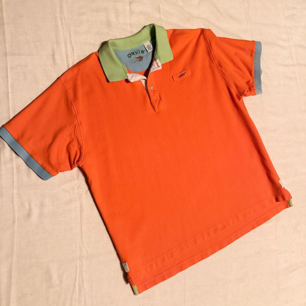 Orvis bright orange and green polo shirt 100% cotton XL